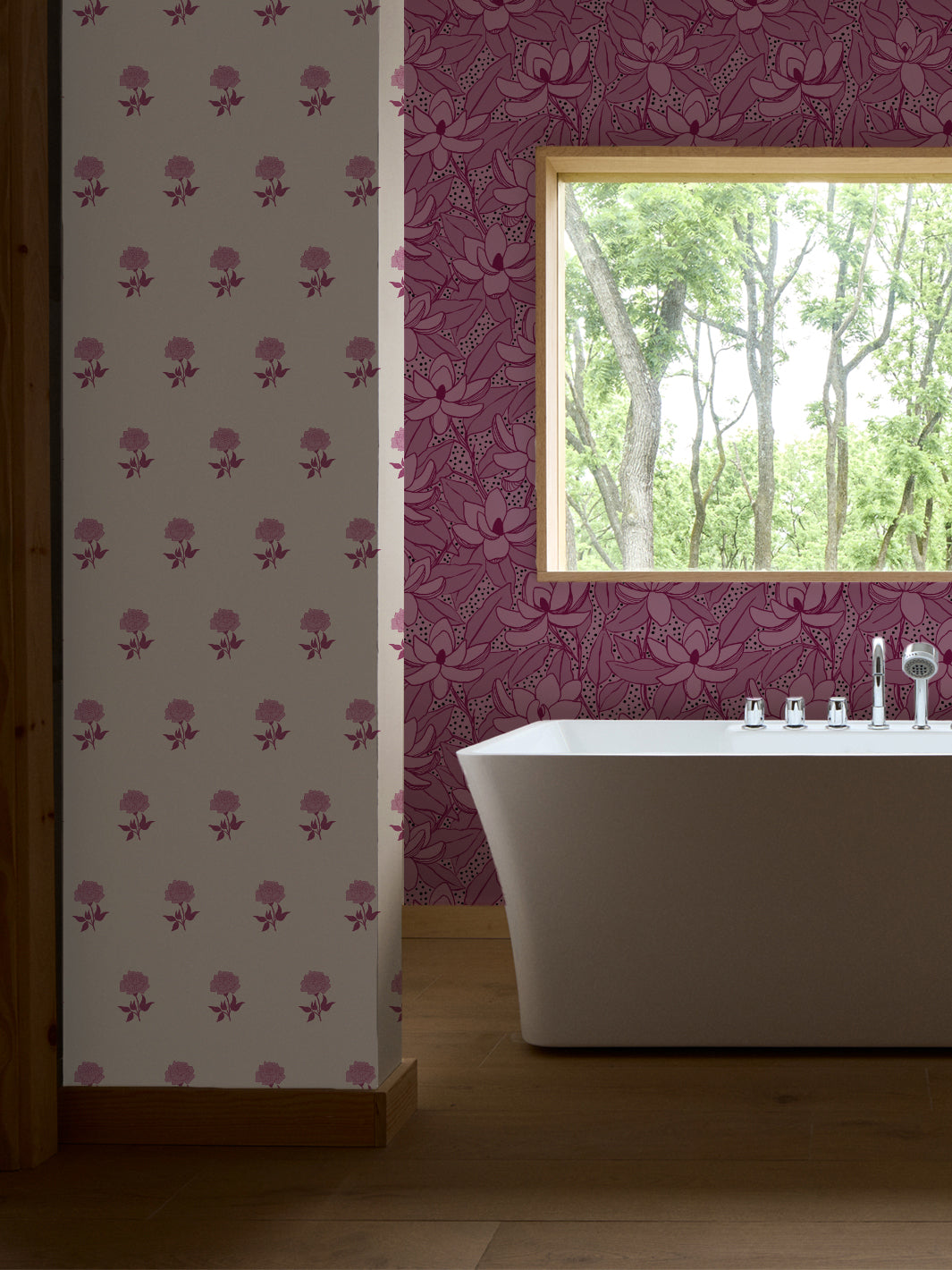 Mulberry Ink Magnolias wallpaper in a bathroom with white freestanding tub and oak window