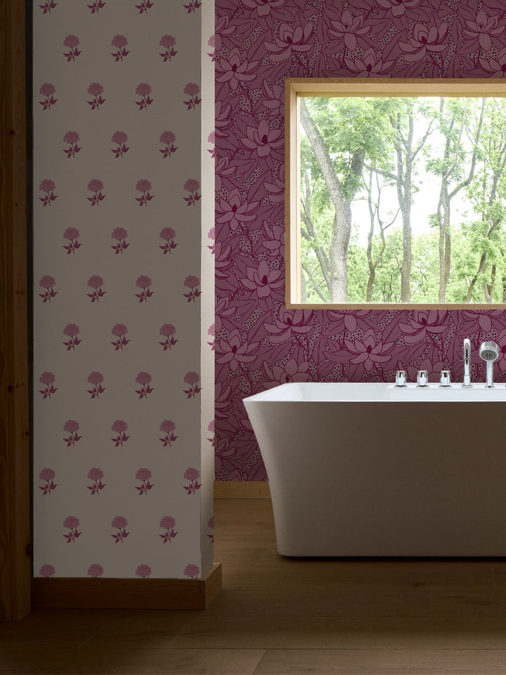 Mulberry Ink Magnolias wallpaper in a bathroom with white freestanding tub and oak window