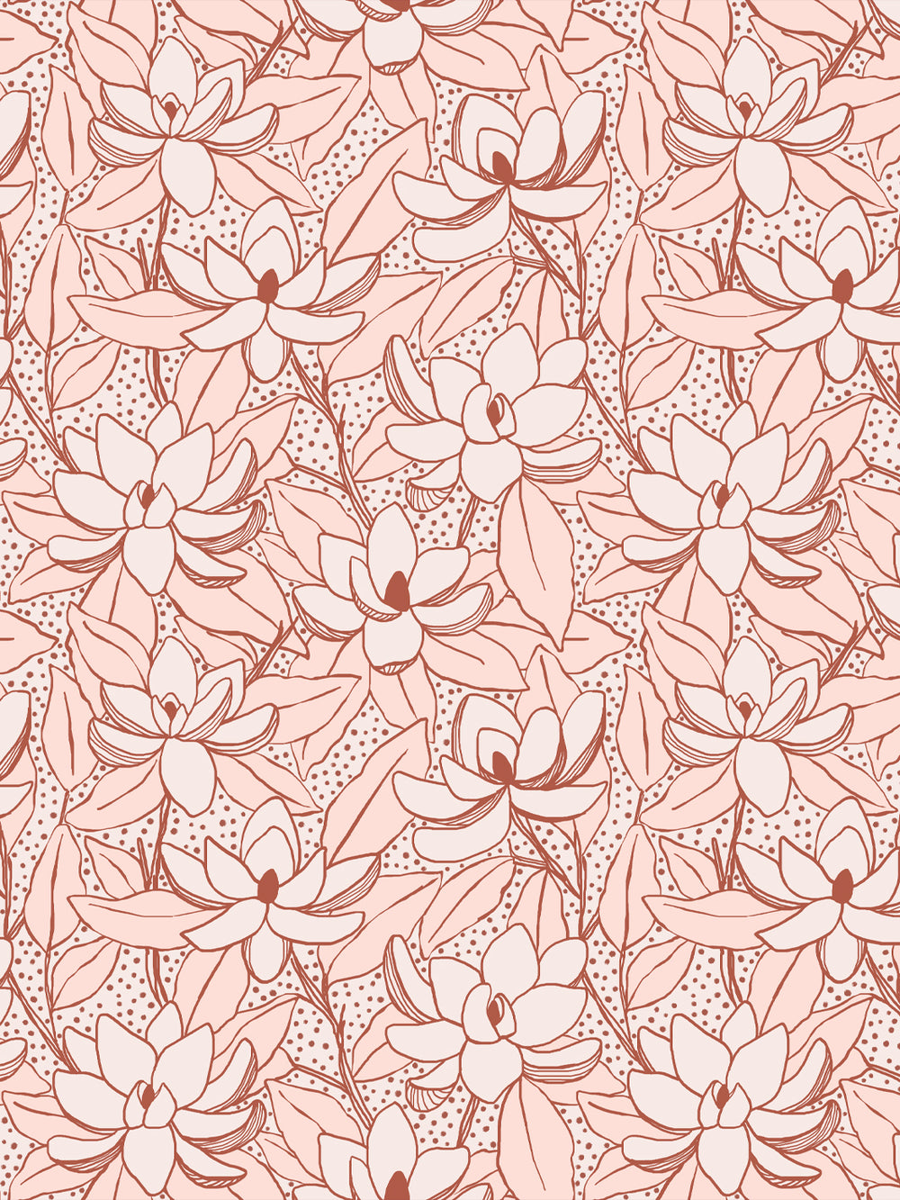 Magnolias wallpaper in Nectar Cinnamon: blush blooms and leaves outlined in rust on a soft pink ground