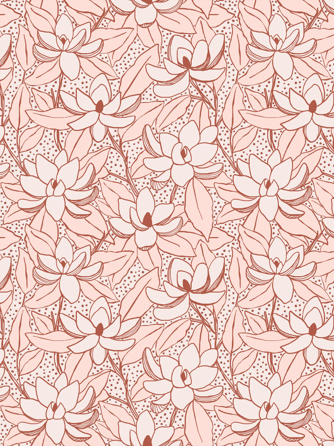 Magnolias wallpaper in Nectar Cinnamon: blush blooms and leaves outlined in rust on a soft pink ground