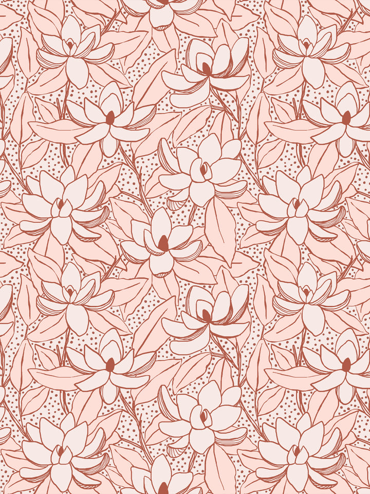 Magnolias wallpaper in Nectar Cinnamon: blush blooms and leaves outlined in rust on a soft pink ground