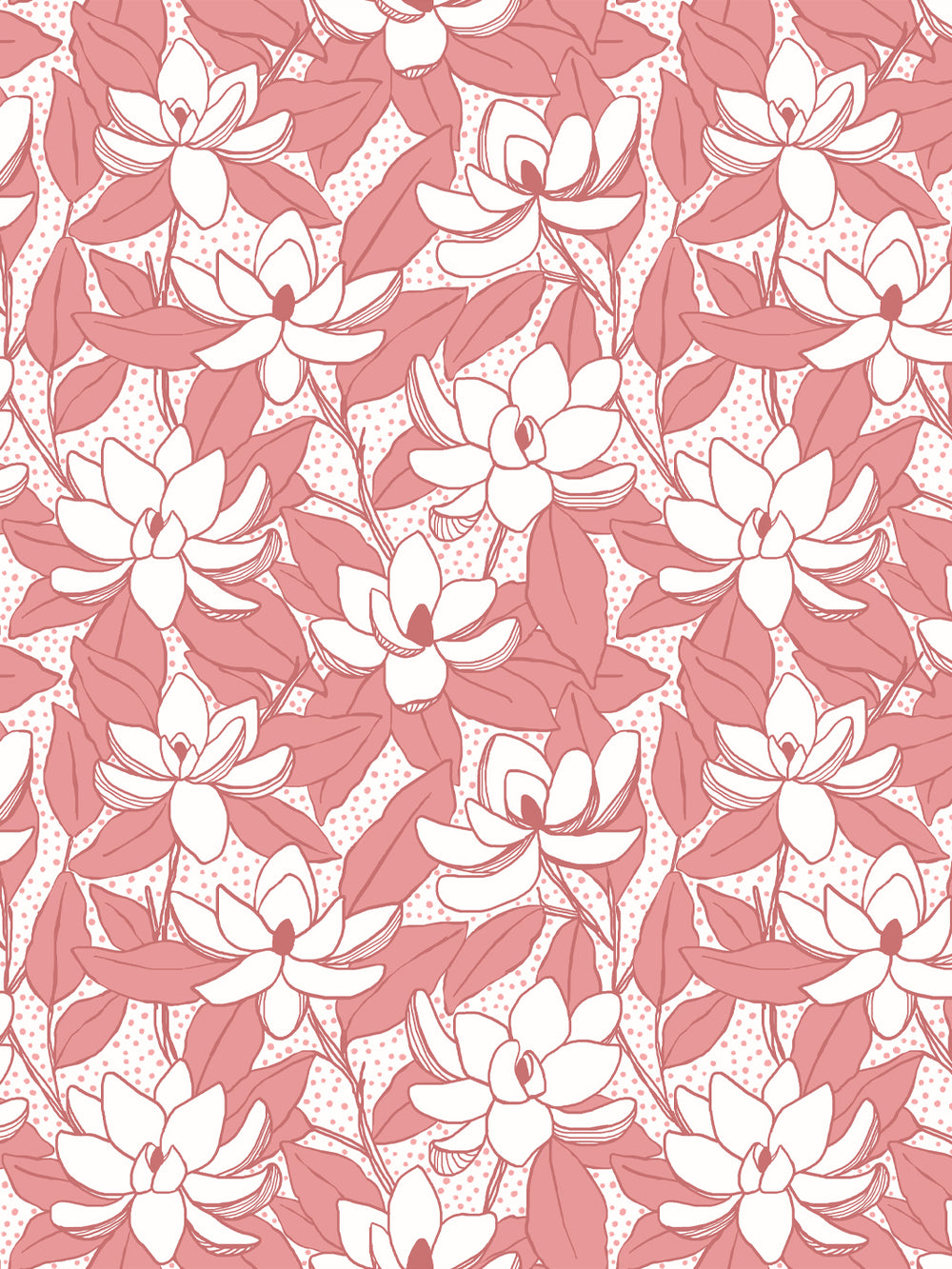Magnolias wallpaper in Pomelo Pink: white blooms with coral pink leaves and dots on a white ground