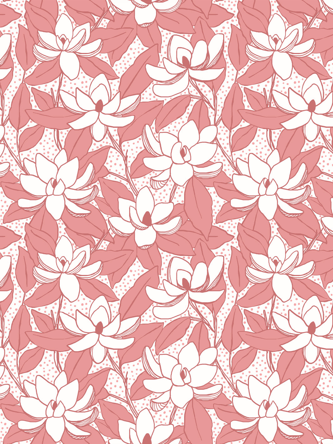 Magnolias wallpaper in Pomelo Pink: white blooms with coral pink leaves and dots on a white ground