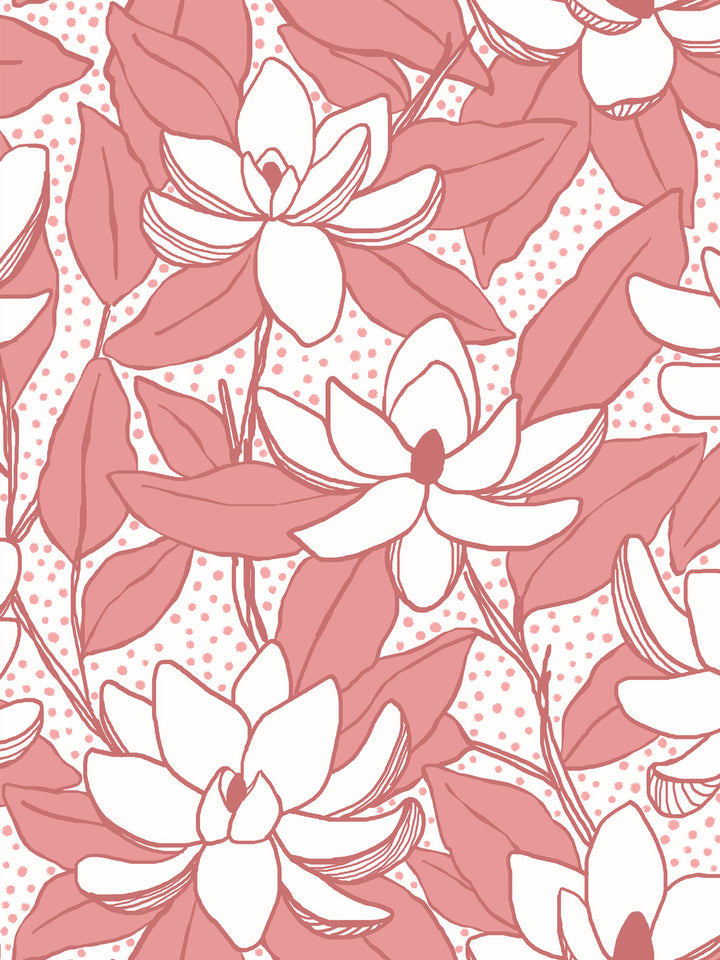 Close crop of white flowers reading as unfilled magnolia blooms on white
