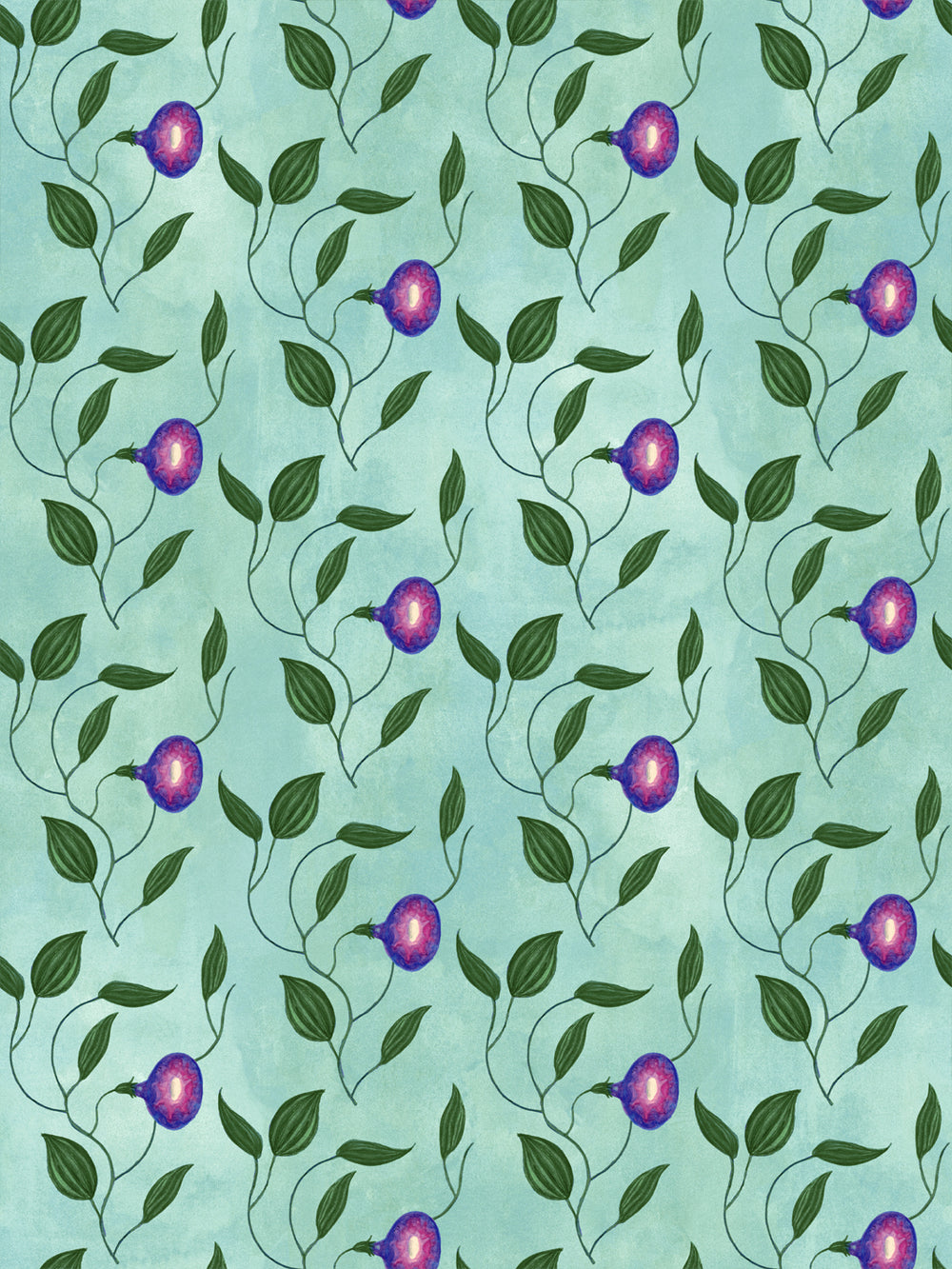 Patterned aqua blue wallpaper with purple morning glory blooms and leaf vines