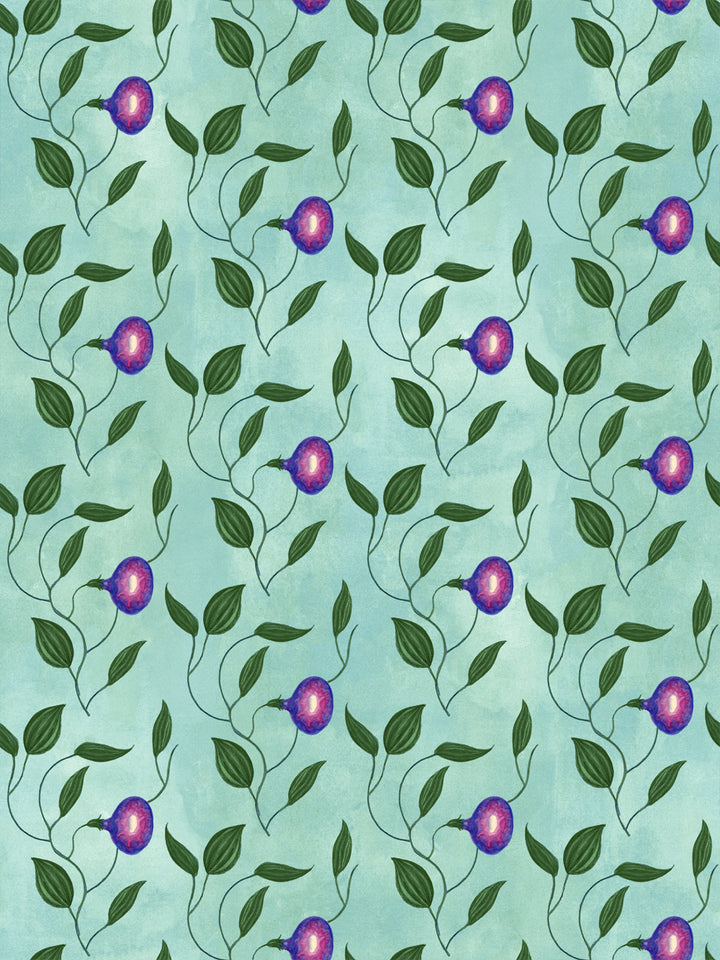 Patterned aqua blue wallpaper with purple morning glory blooms and leaf vines