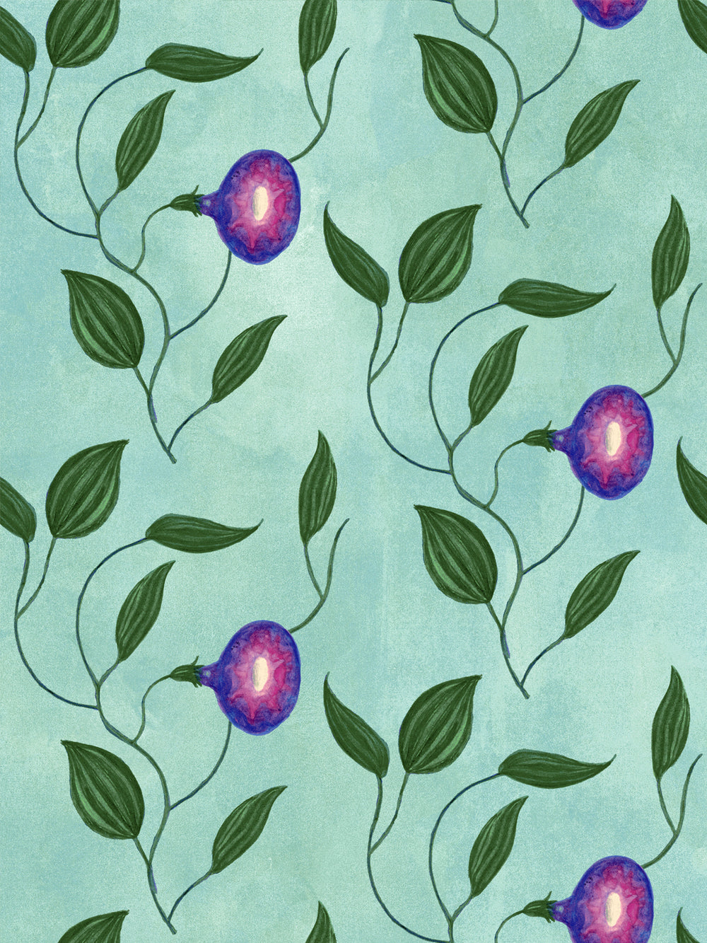 Aqua blue wallpaper pattern featuring purple morning glories and green vine leaves