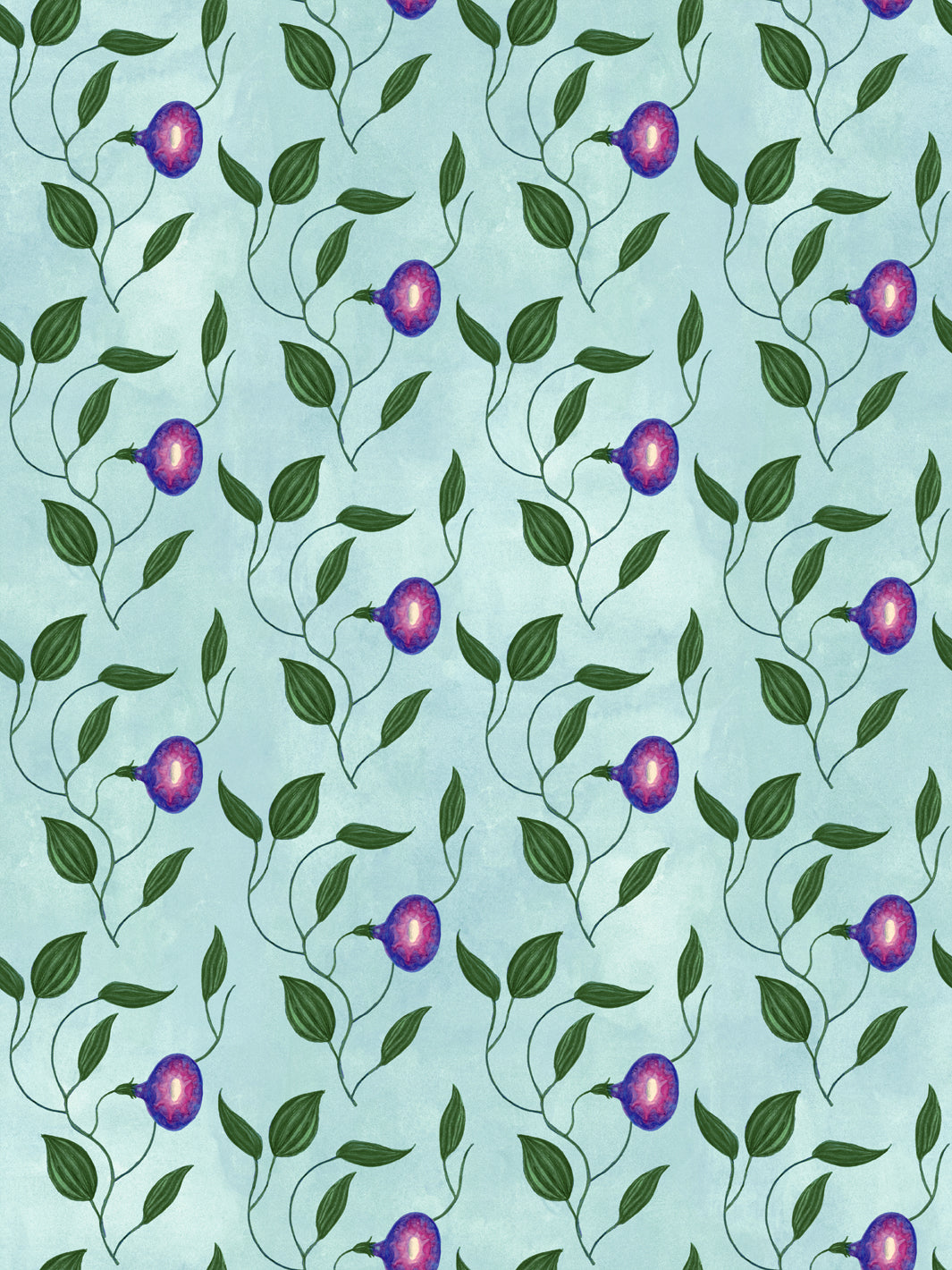 Blue wallpaper with repeating leaves and purple berry accents