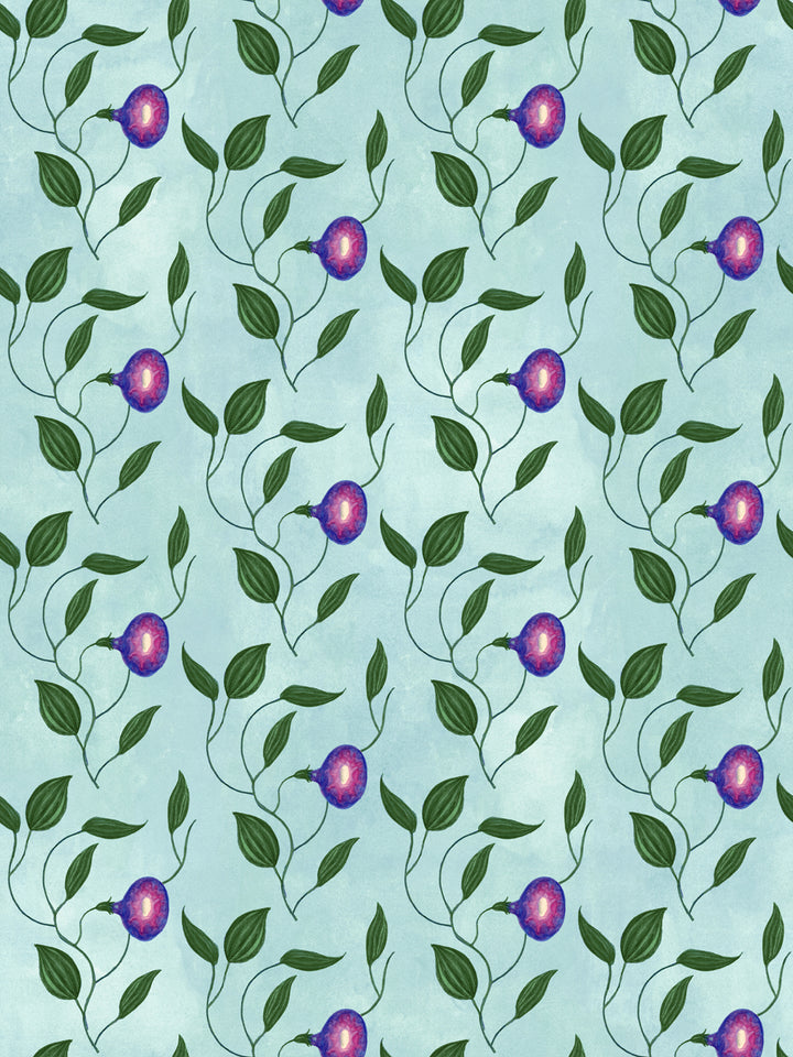 Blue wallpaper with repeating leaves and purple berry accents