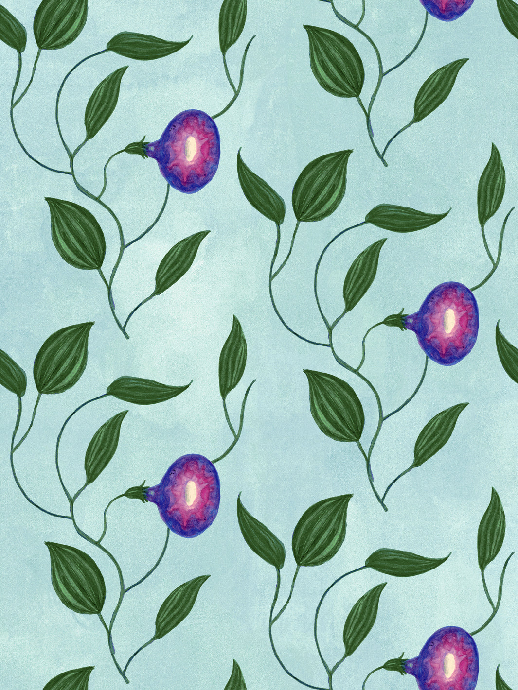 Light blue wallpaper with berry and leaf vine repeating pattern