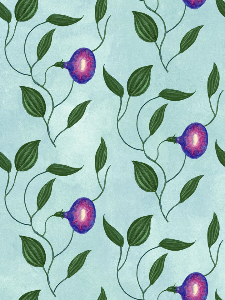 Light blue wallpaper with berry and leaf vine repeating pattern