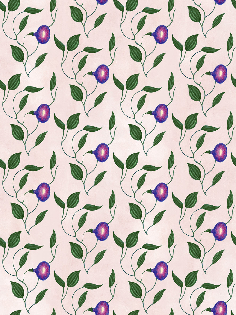 Botanical floral wallpaper pattern with vines, leaves, and purple morning glory on blush