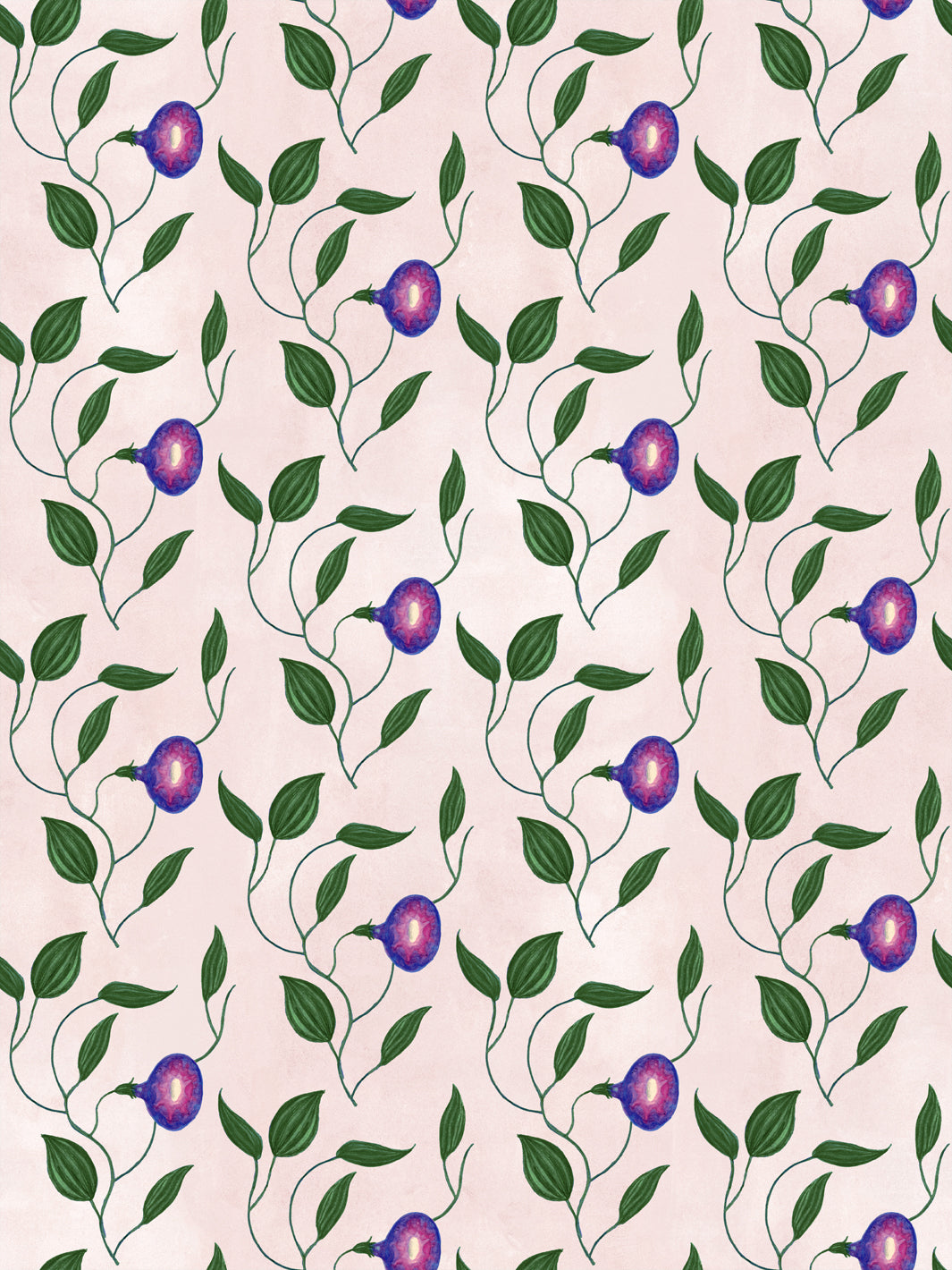 Botanical floral wallpaper pattern with vines, leaves, and purple morning glory on blush