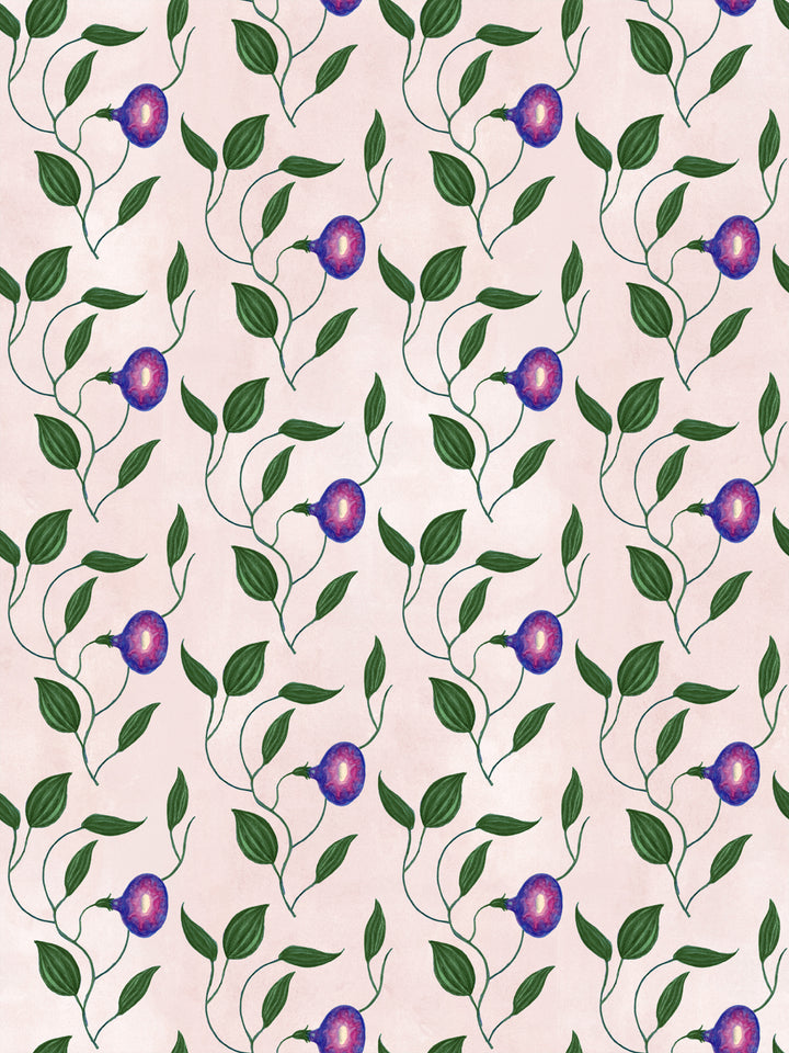 Botanical floral wallpaper pattern with vines, leaves, and purple morning glory on blush