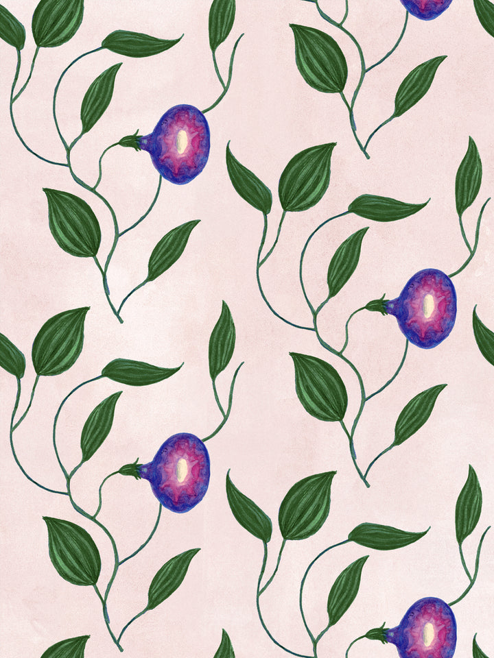 Botanical wallpaper design with green leaves and purple morning glory blooms on blush