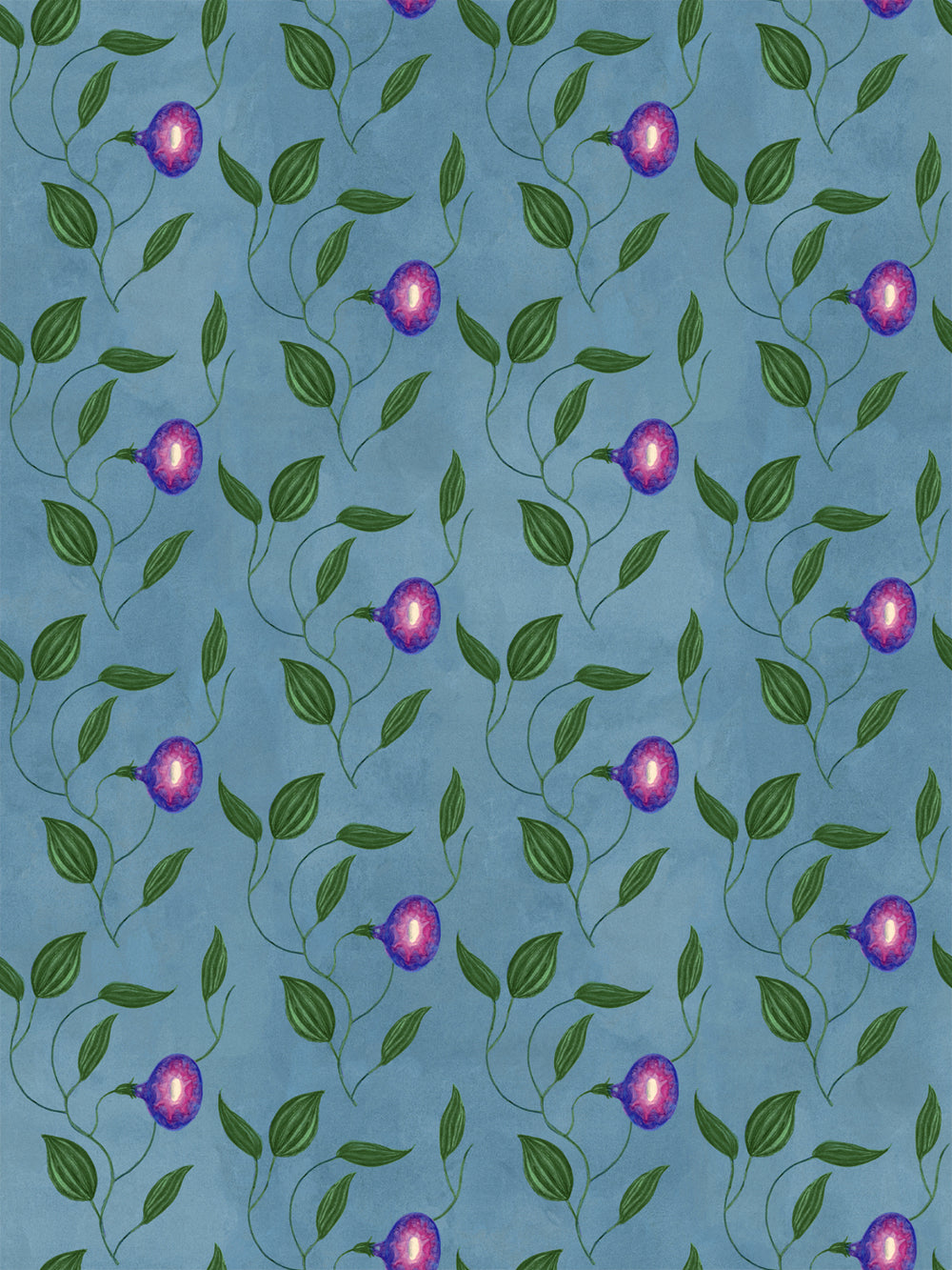 Floral leaf and purple berry wallpaper pattern on a blue-green background