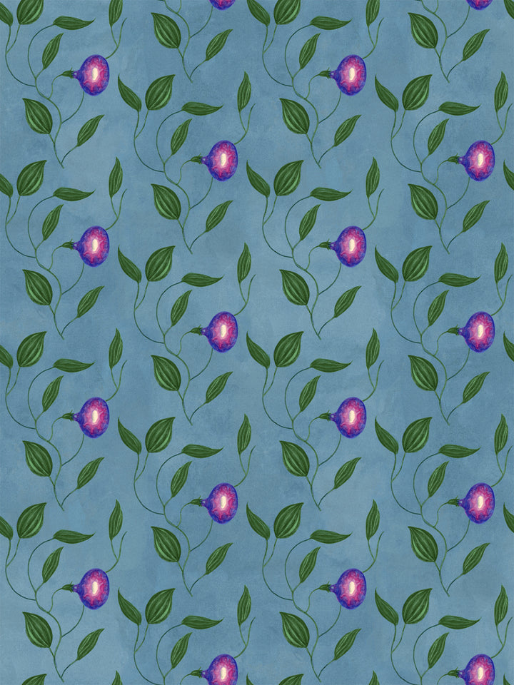 Floral leaf and purple berry wallpaper pattern on a blue-green background