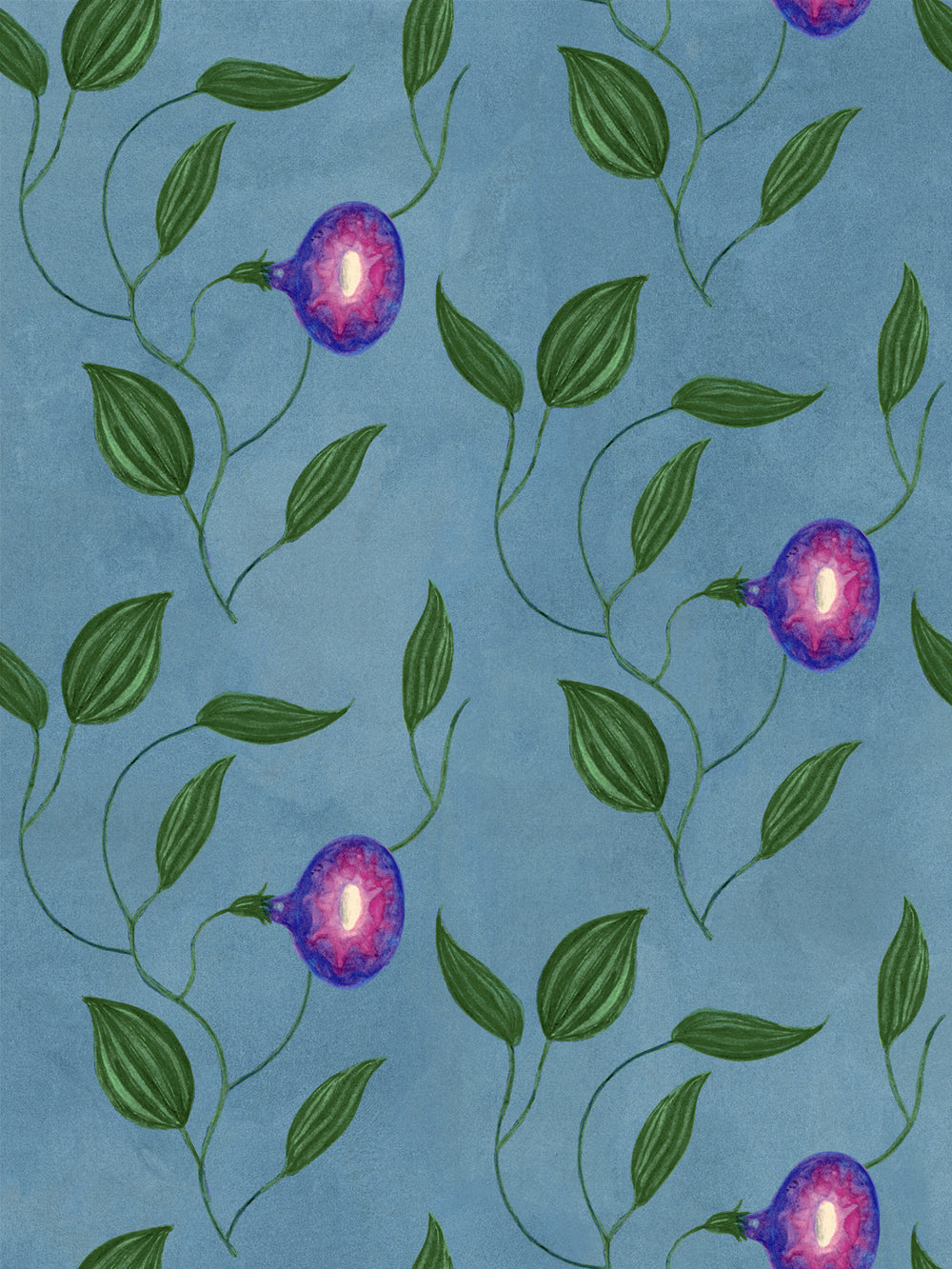 Leaf and purple berry wallpaper repeat pattern with curved vine outlines