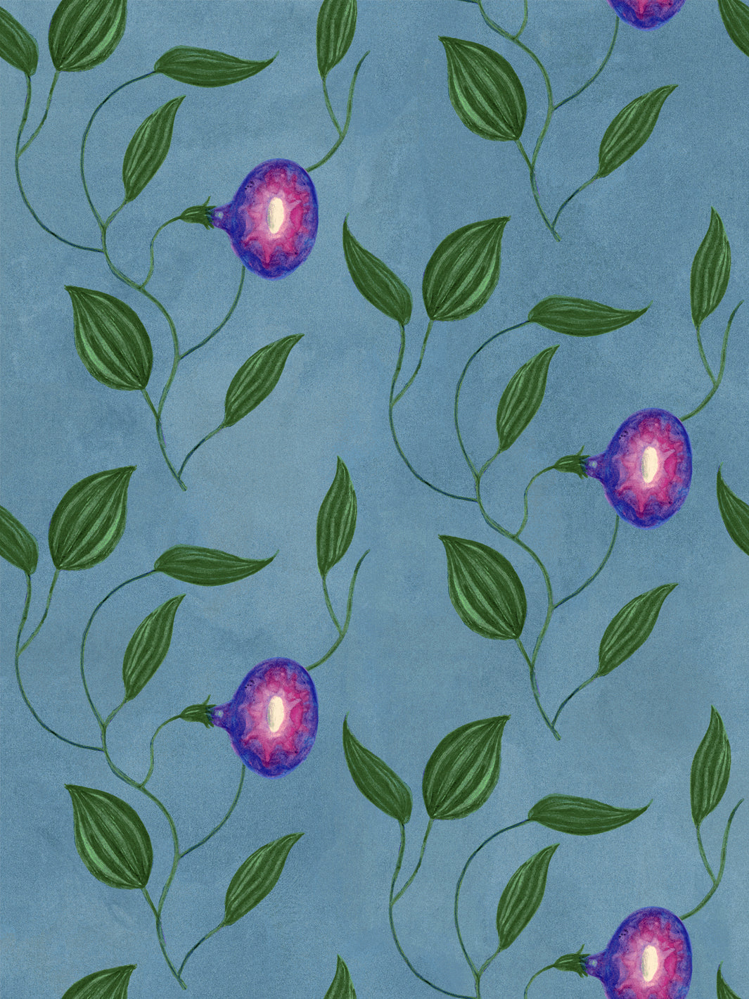 Leaf and purple berry wallpaper repeat pattern with curved vine outlines