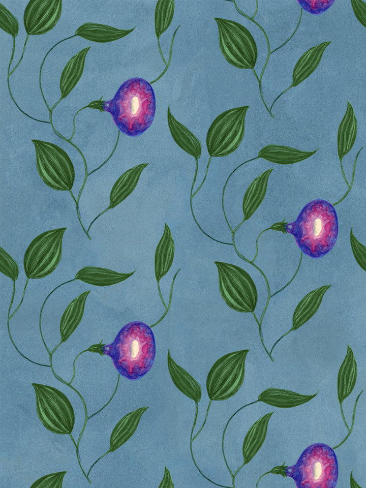 Leaf and purple berry wallpaper repeat pattern with curved vine outlines