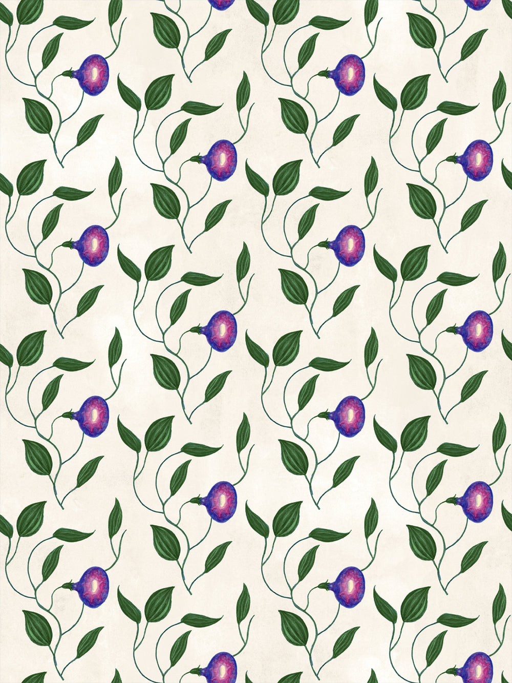 Ivory wallpaper with midnight purple berry flowers and green leaf vines pattern