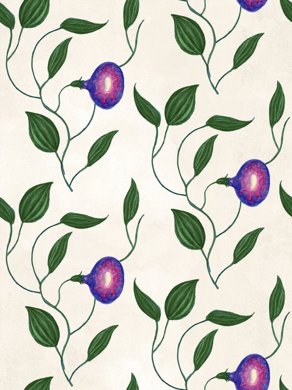 Close-up of ivory wallpaper repeating berry blossoms with green leaves and blue stems