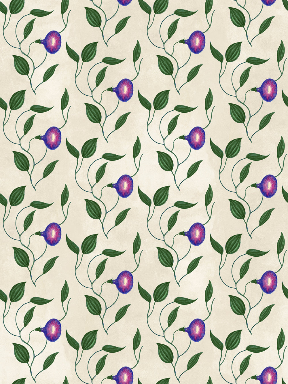 Floral wallpaper with purple morning glory blooms and green leaves on parchment