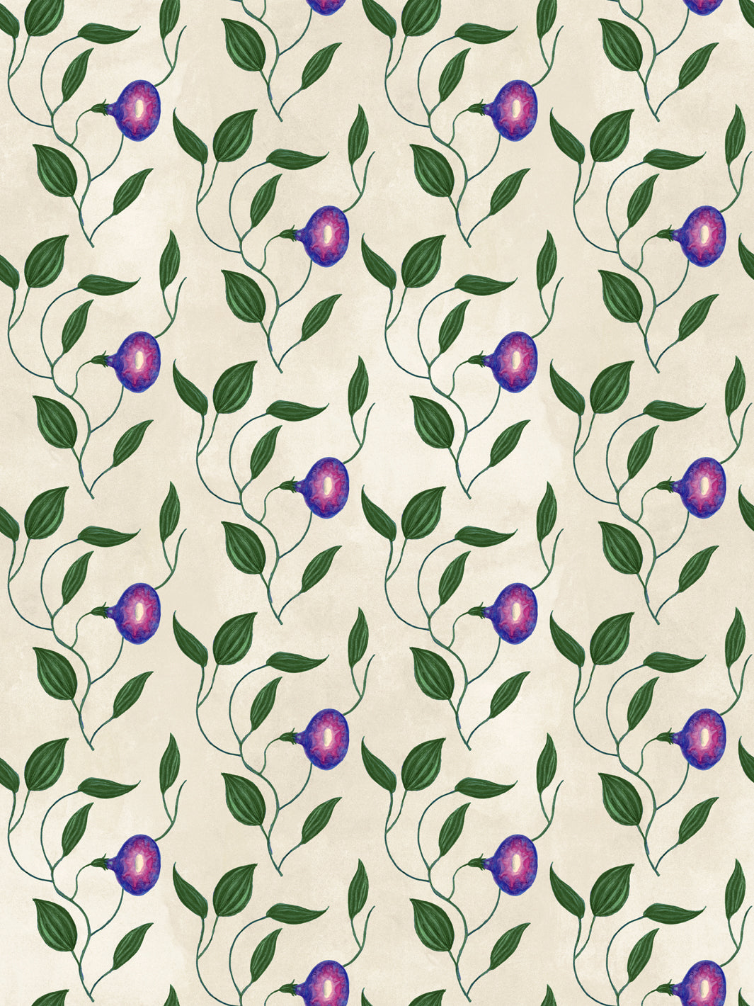 Floral wallpaper with purple morning glory blooms and green leaves on parchment