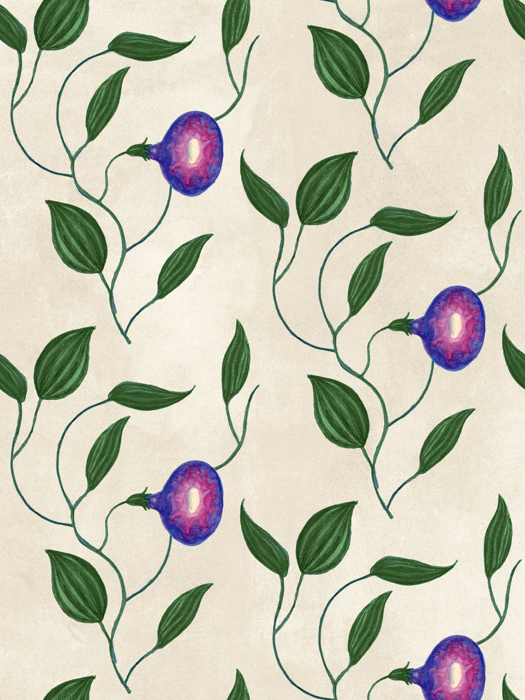 Floral wallpaper close-up: purple morning glory flowers with green leaves on parchment