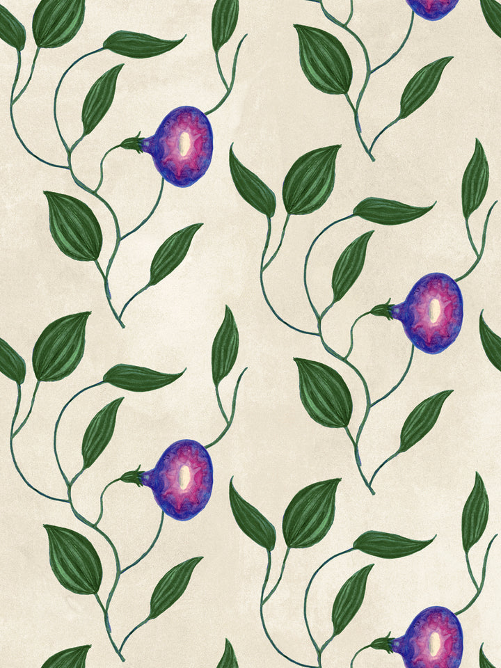 Floral wallpaper close-up: purple morning glory flowers with green leaves on parchment