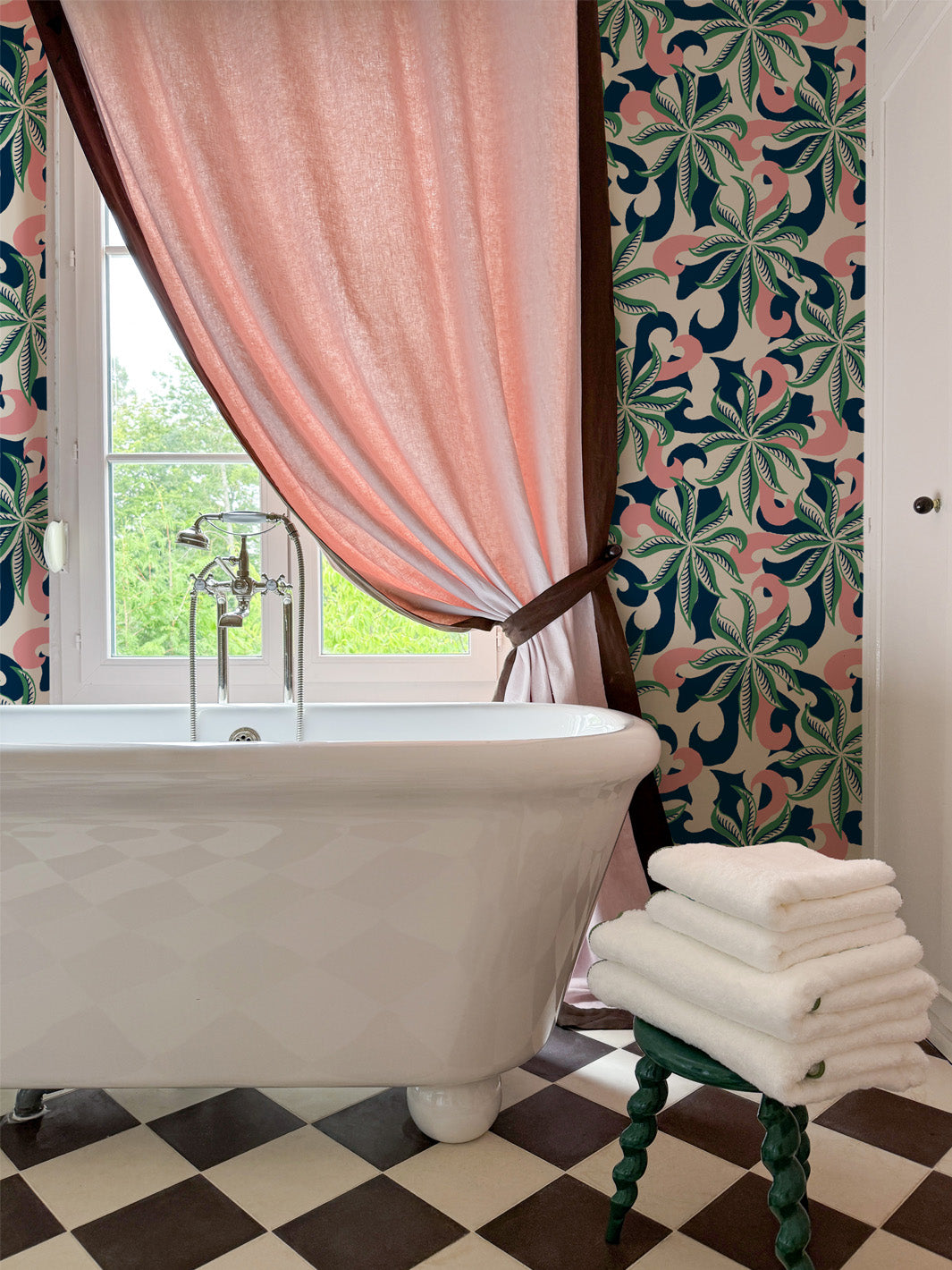 'Multi Frisée' Wallpaper by Clare V. - Navy Green Pink