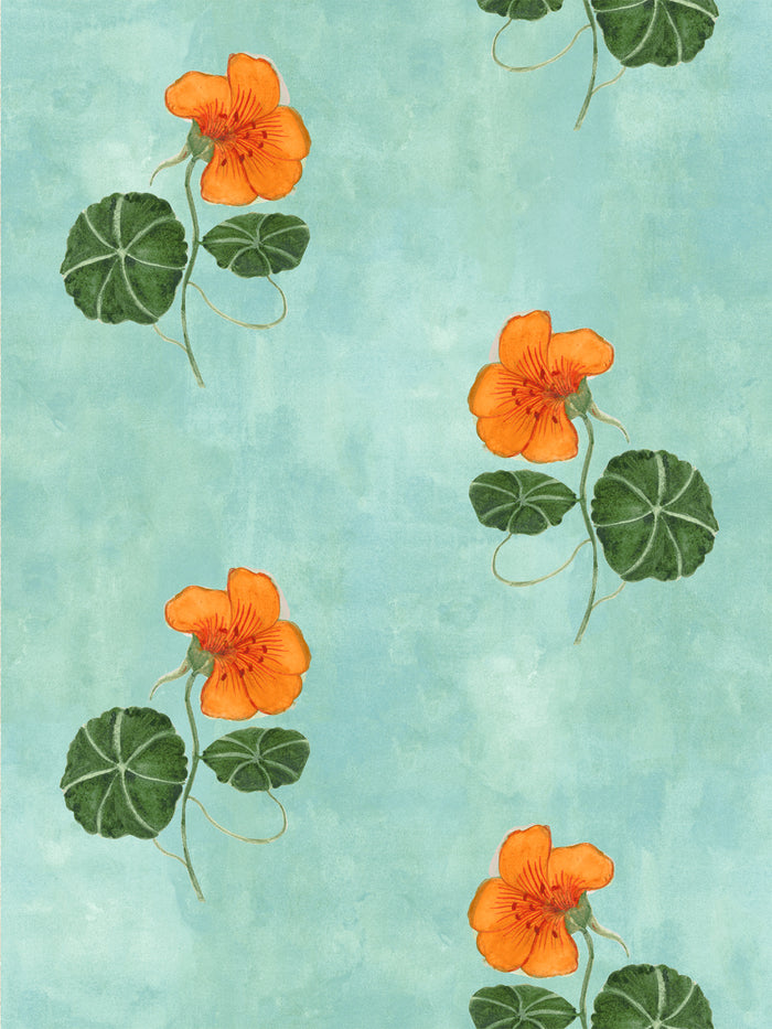 'Nasturtium' Wallpaper by Mary Maguire - Aqua Blue
