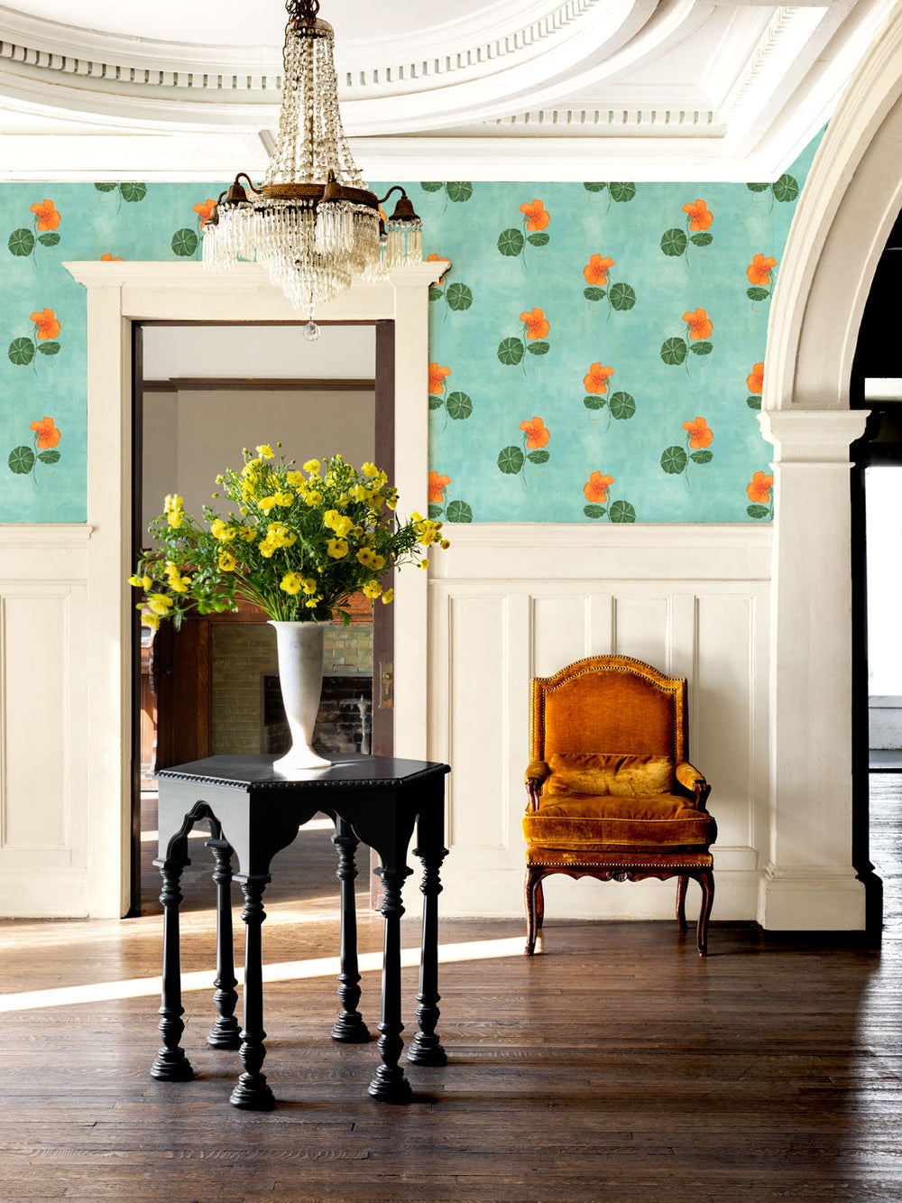 Wallpapered wall with aqua blue background and orange nasturtium flowers pattern