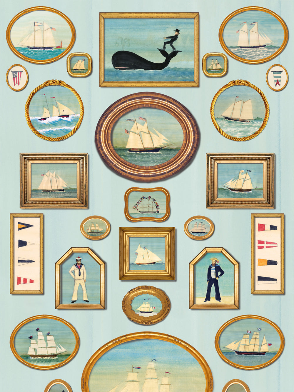 Nautical frames wallpaper with blue field, framed sailboats, whales, and sailors