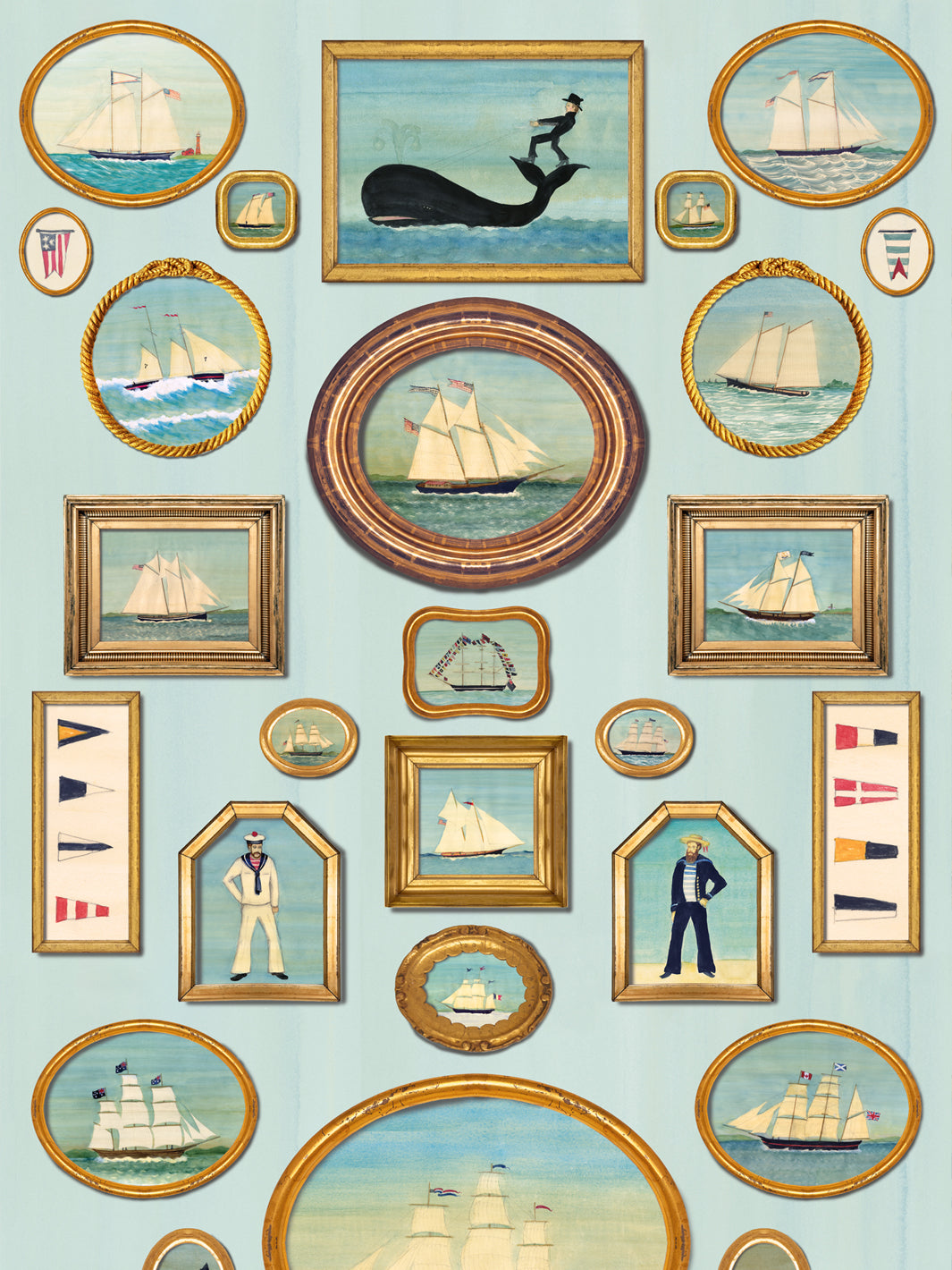 Nautical frames wallpaper with blue field, framed sailboats, whales, and sailors