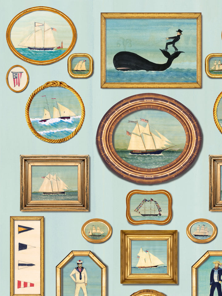 Nautical frames wallpaper with blue field, large whale and sailboat frames, sailors