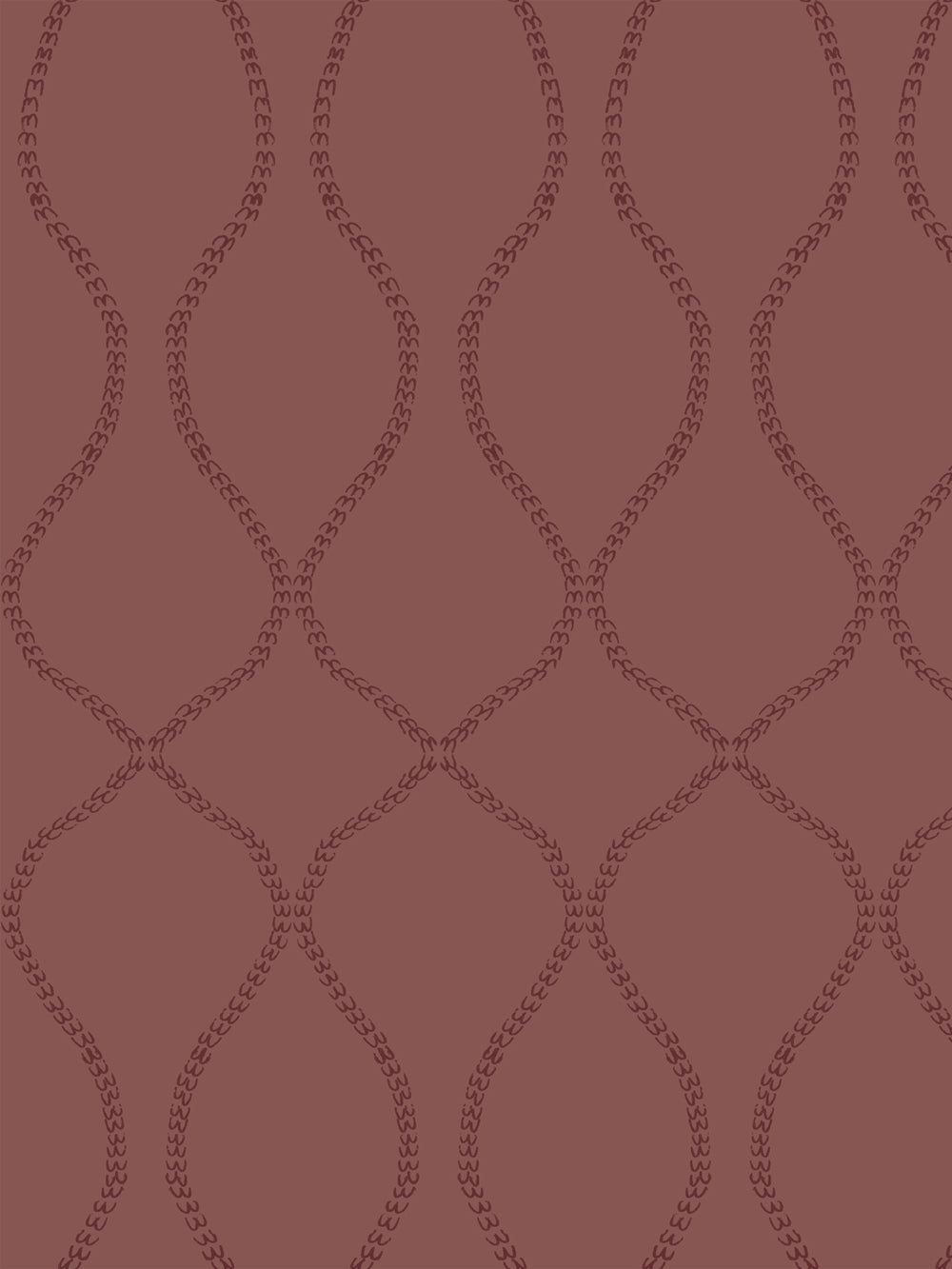 Ogee trellis of tiny leaf-chain vines in dark maroon on a dusty brick-red ground