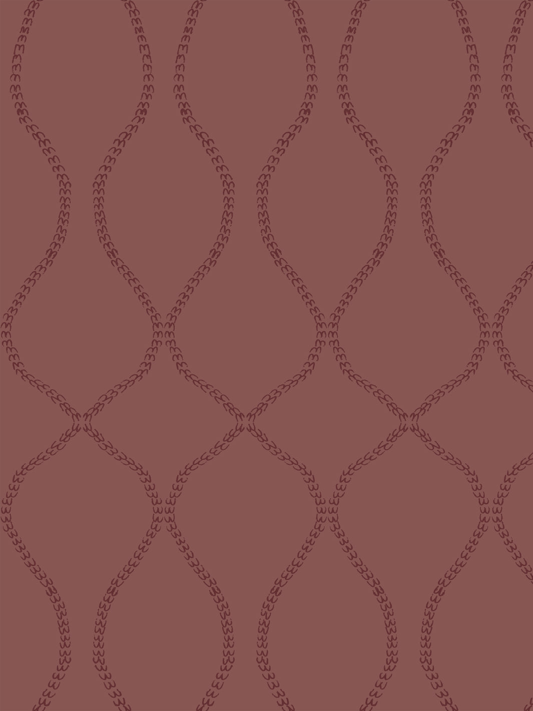 Ogee trellis of tiny leaf-chain vines in dark maroon on a dusty brick-red ground
