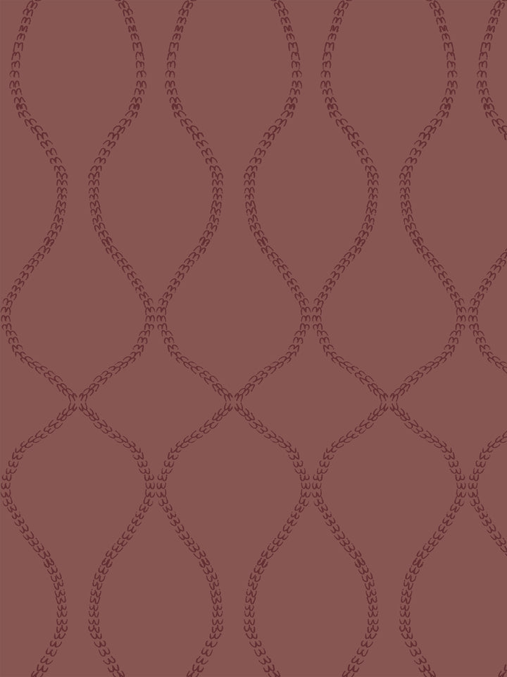 Ogee trellis of tiny leaf-chain vines in dark maroon on a dusty brick-red ground