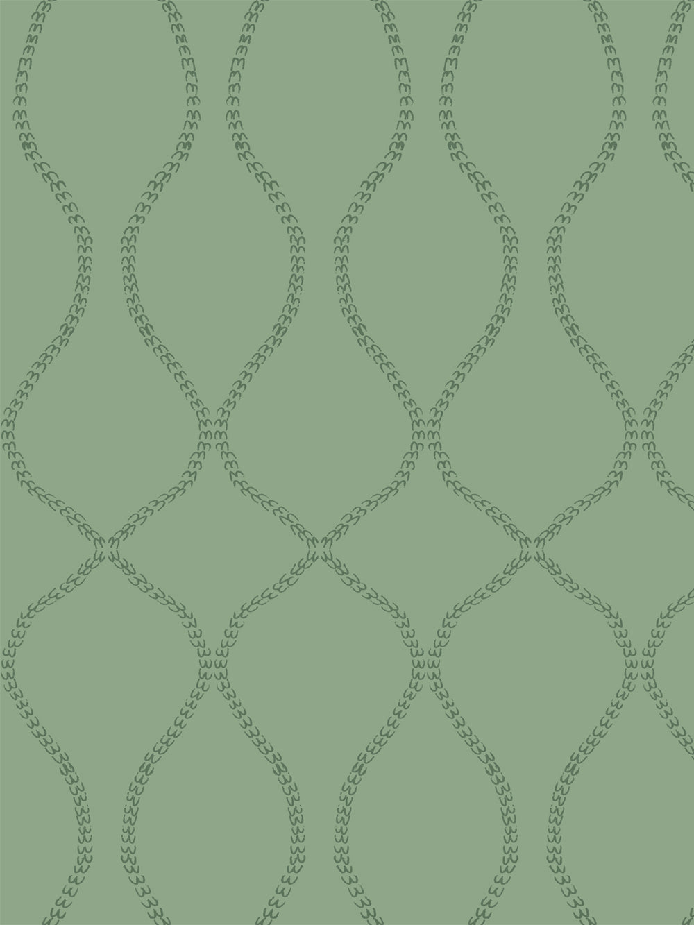 Sage green wallpaper with an ogee trellis drawn in dark forest green leaf chains