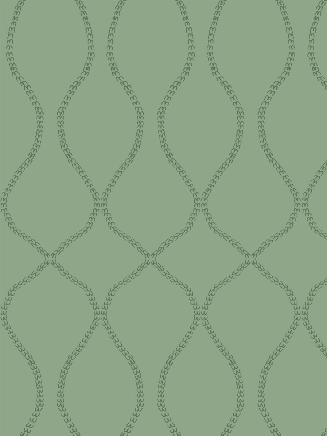 Sage green wallpaper with an ogee trellis drawn in dark forest green leaf chains