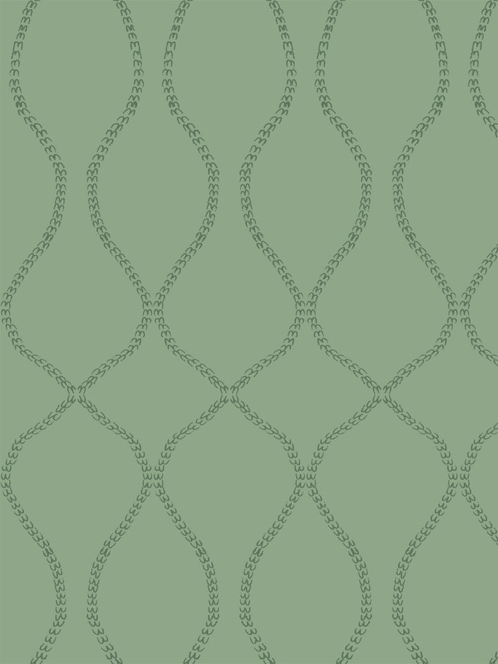 Sage green wallpaper with an ogee trellis drawn in dark forest green leaf chains