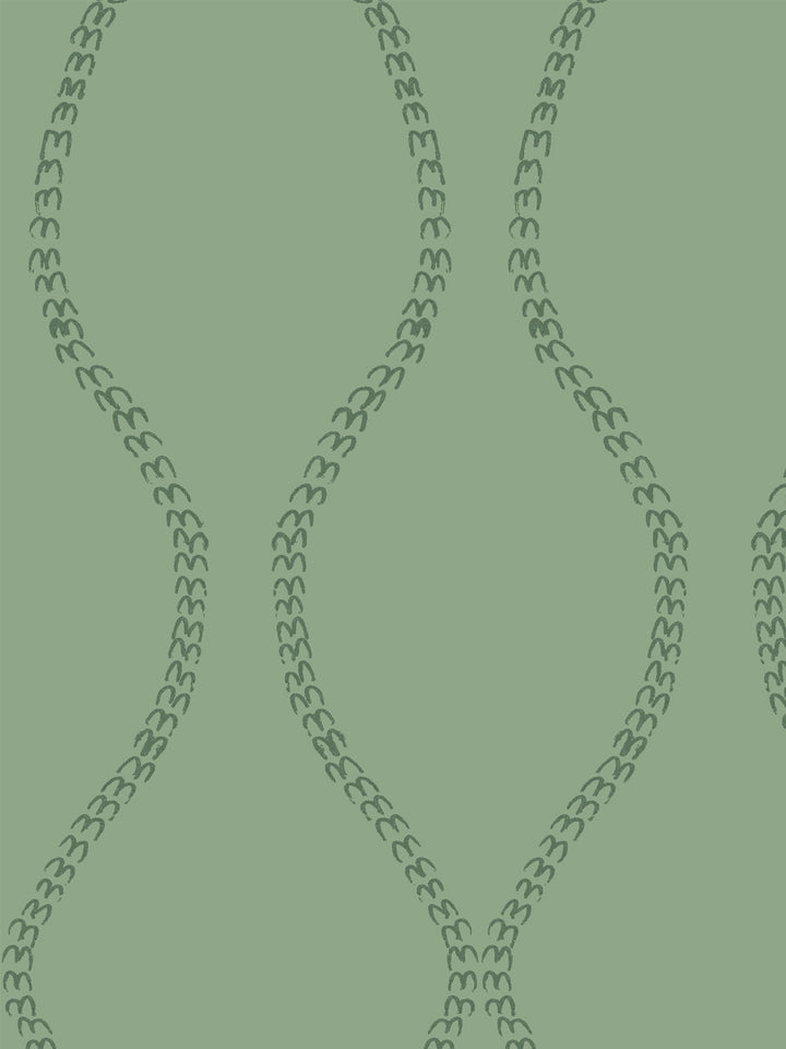 Close crop of dark forest green a leaf-chain trellis on medium sage green