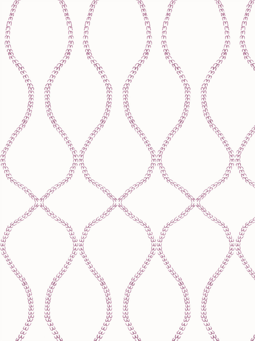 Cream wallpaper with a dusty mauve pink ogee trellis made of small hand-drawn leaves