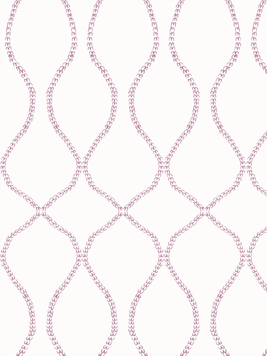 Cream wallpaper with a dusty mauve pink ogee trellis made of small hand-drawn leaves