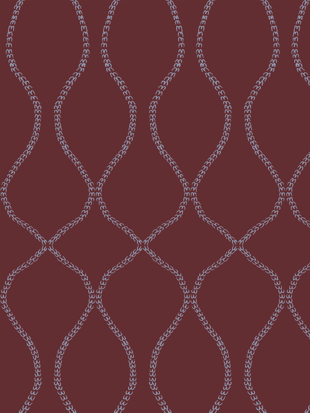 Pale periwinkle blue leaf-chain trellis on a deep merlot burgundy ground