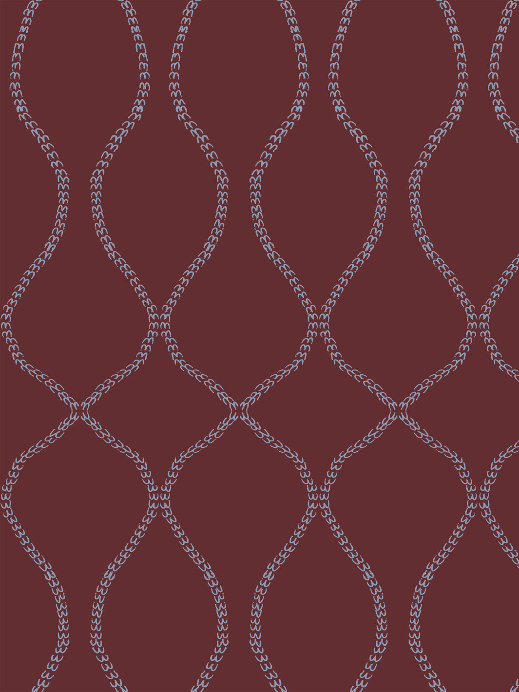 Pale periwinkle blue leaf-chain trellis on a deep merlot burgundy ground
