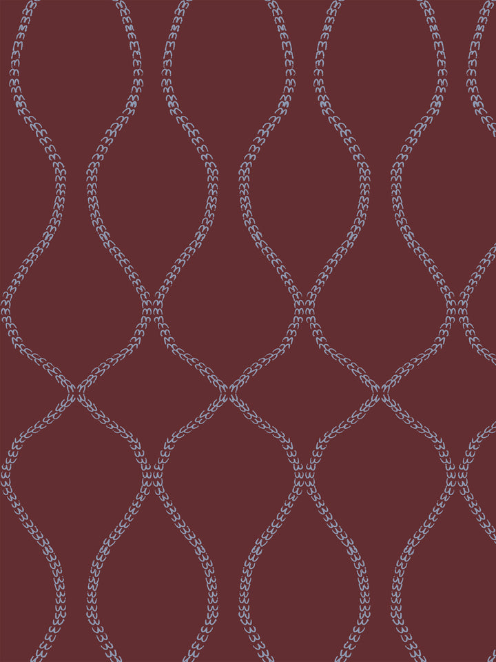 Pale periwinkle blue leaf-chain trellis on a deep merlot burgundy ground