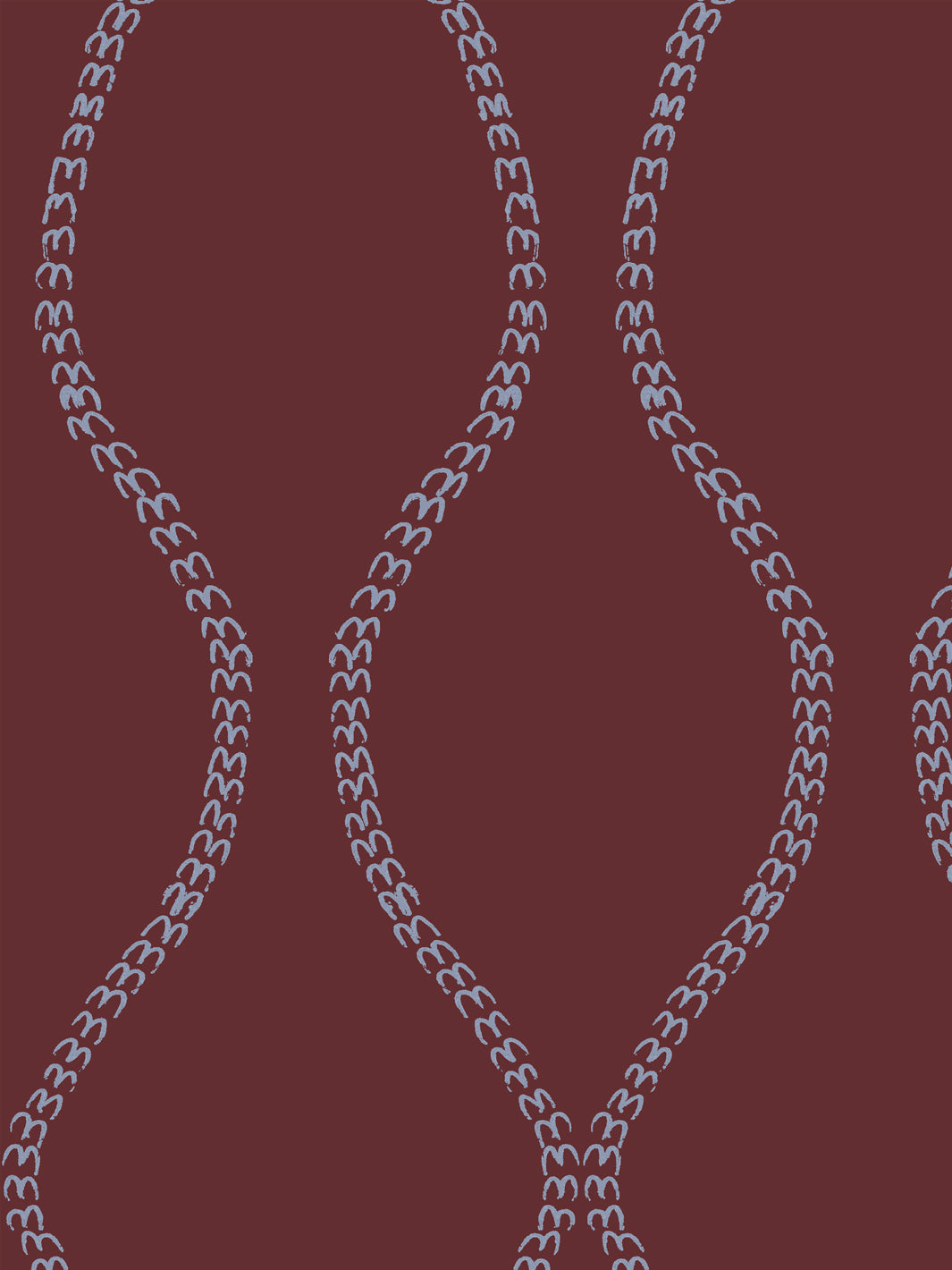 Close crop of pale periwinkle blue-grey a leaf-chain trellis on deep merlot wine red