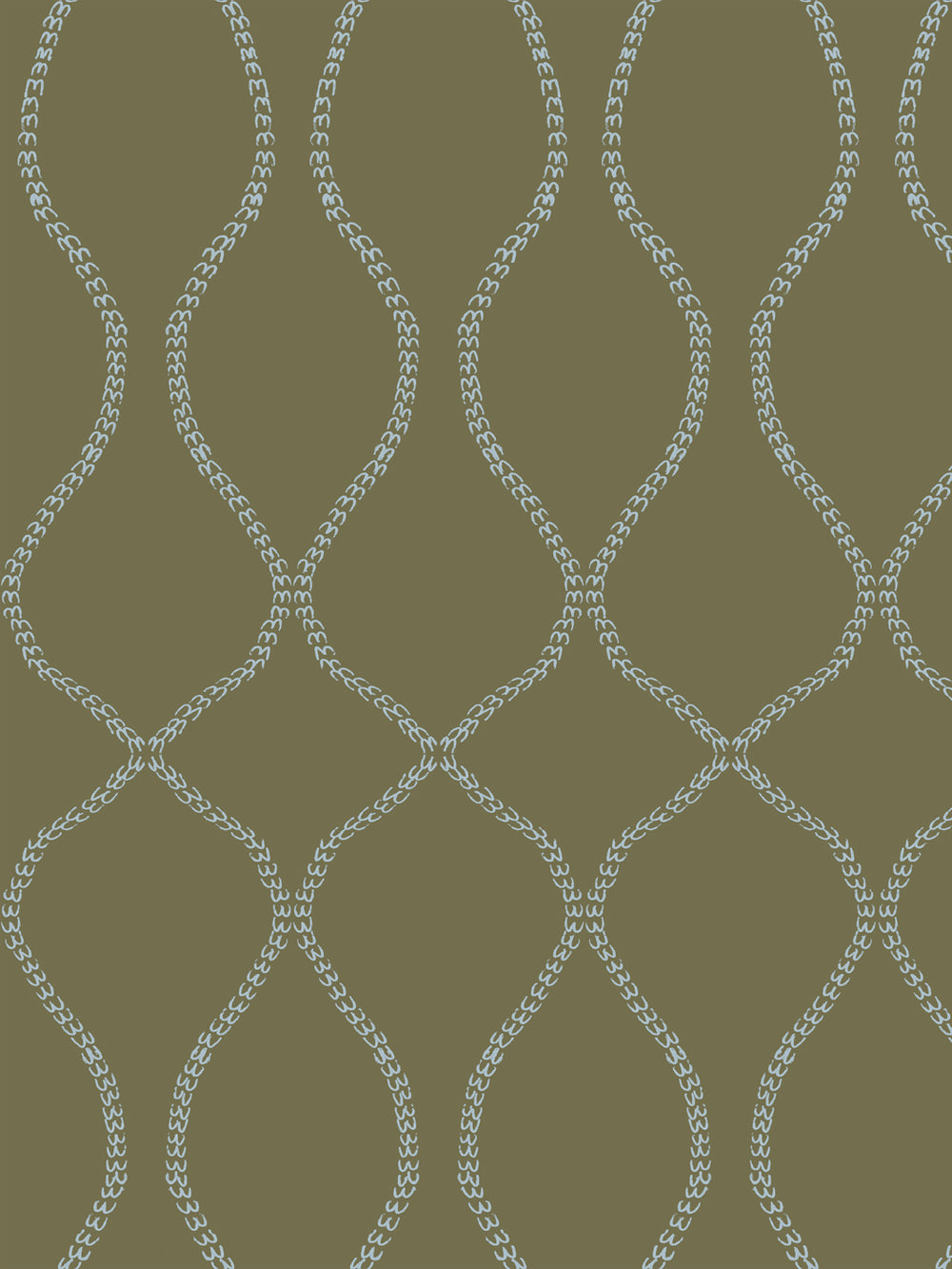 Pale sky blue leaf-chain trellis on an olive khaki ground